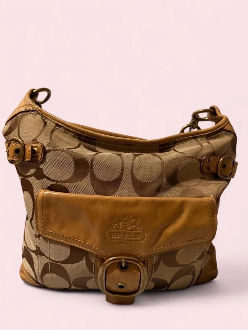 Coach Brown and Tan Signature Canvas Shoulder Bag